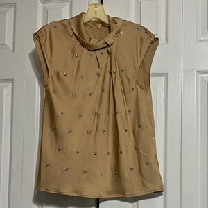 Michael Kors Dark Carmel gold Satin Crystal Stud blouse top shirt size 10
